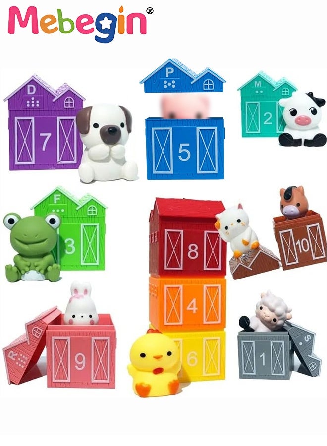 MEBEGIN 20PCS Farm Animals Toys Set with 10 Animals and 10 Houses, Montessori Learning Toys, Color Discrimination and Sorting Games, Ideal Gift for Babies Aged 12M+ - Image 1